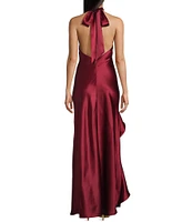 Morgan & Co. Satin Y-Neck Halter Ruffle Dress