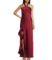 Morgan & Co. Satin Y-Neck Halter Ruffle Dress