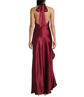 Morgan & Co. Satin Y-Neck Halter Ruffle Dress
