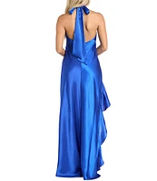 Morgan & Co. Satin Y-Neck Halter Ruffle Dress