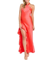 Morgan & Co. Satin Y-Neck Halter Ruffle Dress