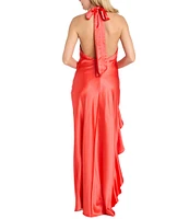 Morgan & Co. Satin Y-Neck Halter Ruffle Dress