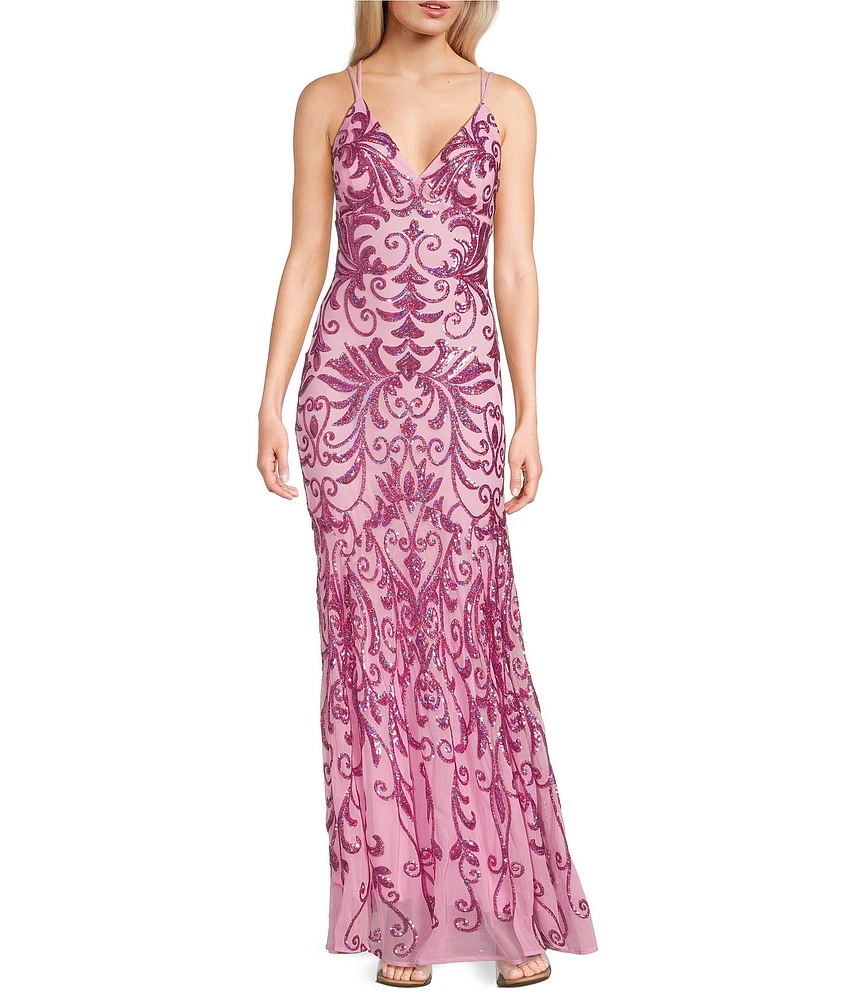 Morgan & Co. Sequin Pattern Contrast Beading V-Neck Spaghetti Strap Dress