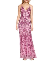 Morgan & Co. Sequin Pattern Contrast Beading V-Neck Spaghetti Strap Dress