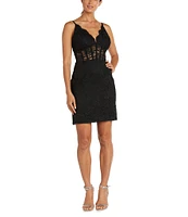 Morgan & Co. Sleeveless Scalloped V-Neck Corset-Bodice Glitter-Embellished Lace Sheath Dress