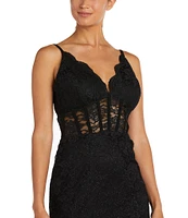 Morgan & Co. Sleeveless Scalloped V-Neck Corset-Bodice Glitter-Embellished Lace Sheath Dress