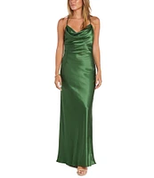 Morgan & Co. Sleeveless Long Spaghetti Strap Charmeuse Draped Front And X Back Long Dress