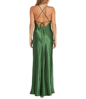 Morgan & Co. Sleeveless Long Spaghetti Strap Charmeuse Draped Front And X Back Long Dress