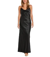 Morgan & Co. Sleeveless Long Spaghetti Strap Charmeuse Draped Front And X Back Long Dress