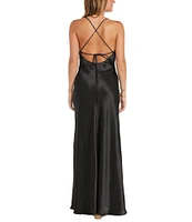 Morgan & Co. Sleeveless Long Spaghetti Strap Charmeuse Draped Front And X Back Long Dress