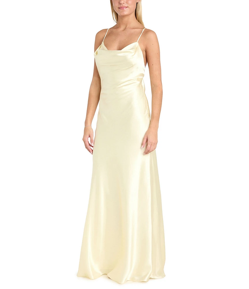 Morgan & Co. Sleeveless Long Spaghetti Strap Charmeuse Draped Front And X Back Long Dress