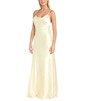 Morgan & Co. Sleeveless Long Spaghetti Strap Charmeuse Draped Front And X Back Long Dress