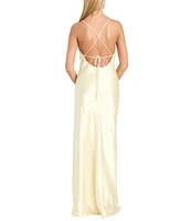 Morgan & Co. Sleeveless Long Spaghetti Strap Charmeuse Draped Front And X Back Long Dress