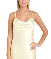 Morgan & Co. Sleeveless Long Spaghetti Strap Charmeuse Draped Front And X Back Long Dress