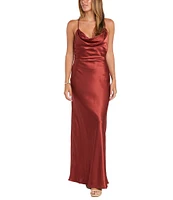 Morgan & Co. Sleeveless Long Spaghetti Strap Charmeuse Draped Front And X Back Long Dress