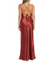 Morgan & Co. Sleeveless Long Spaghetti Strap Charmeuse Draped Front And X Back Long Dress