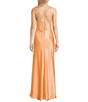 Morgan & Co. Sleeveless Long Spaghetti Strap Charmeuse Draped Front And X Back Long Dress