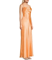 Morgan & Co. Sleeveless Long Spaghetti Strap Charmeuse Draped Front And X Back Long Dress