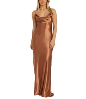 Morgan & Co. Sleeveless Long Spaghetti Strap Charmeuse Draped Front And X Back Long Dress
