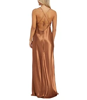 Morgan & Co. Sleeveless Long Spaghetti Strap Charmeuse Draped Front And X Back Long Dress