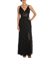 Morgan & Co. Sleeveless Spaghetti Strap Scalloped V-Neck Illusion Corset-Bodice Slit Hem Long Glitter Lace Dress