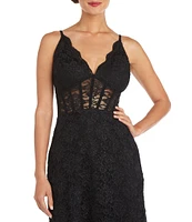 Morgan & Co. Sleeveless Spaghetti Strap Scalloped V-Neck Illusion Corset-Bodice Slit Hem Long Glitter Lace Dress