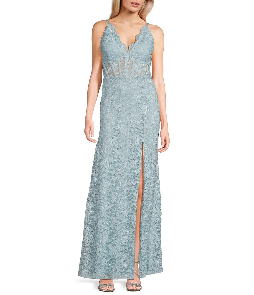 Morgan & Co. Sleeveless Spaghetti Strap Scalloped V-Neck Illusion Corset-Bodice Slit Hem Long Glitter Lace Dress