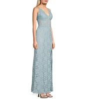 Morgan & Co. Sleeveless Spaghetti Strap Scalloped V-Neck Illusion Corset-Bodice Slit Hem Long Glitter Lace Dress