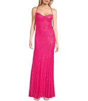 Morgan & Co. Sweetheart Neckline Sequin Corset Bodice Strappy Back Trumpet Skirt Long Dress