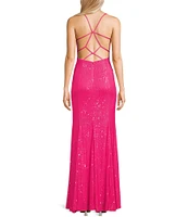 Morgan & Co. Sweetheart Neckline Sequin Corset Bodice Strappy Back Trumpet Skirt Long Dress