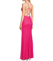 Morgan & Co. Sweetheart Neckline Sequin Corset Bodice Strappy Back Trumpet Skirt Long Dress