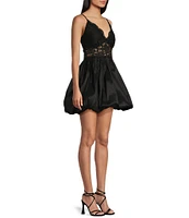 Morgan & Co. V-Neck Sleeveless Short Taffeta Bubble Glitter Lace Bodice Dress