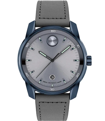 Movado Bold Men's Verso Quartz Analog Grey Leather Strap Watch