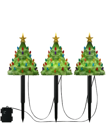 Mr. Christmas 9-inch Set of 3 Lit Blow Mold Pathway Christmas Trees Decor