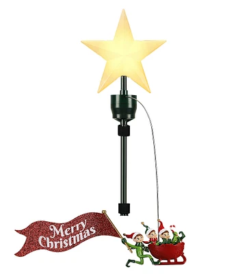 Mr. Christmas LED Lighted & Animated Elves in Sleigh Tree Topper With Banner