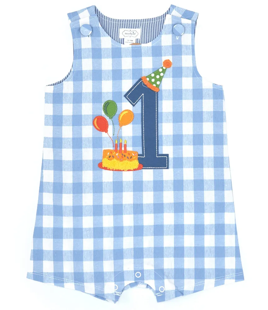 Mud Pie Baby Boys 12-18 Months Sleeveless 1st Birthday Checked Shortall Jon Jon