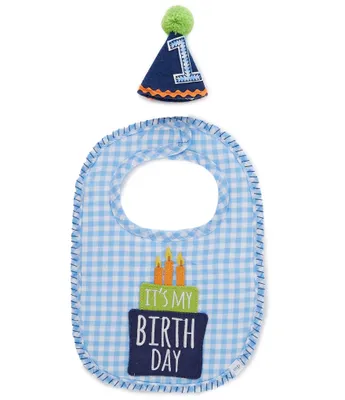 Mud Pie Baby Boys 1st Birthday Gingham Bib and Party Hat Set