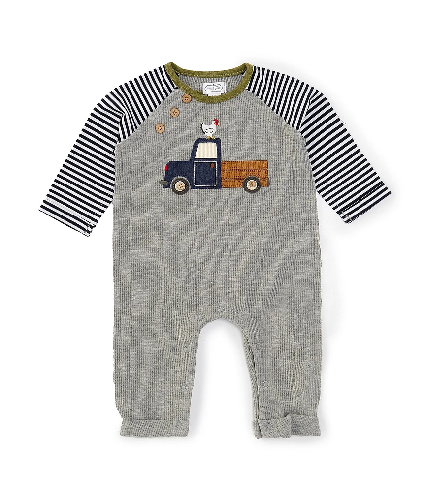 Mud Pie Baby Boys 3-12 Months Raglan Sleeve Truck-Applique Waffle-Weave Bodysuit