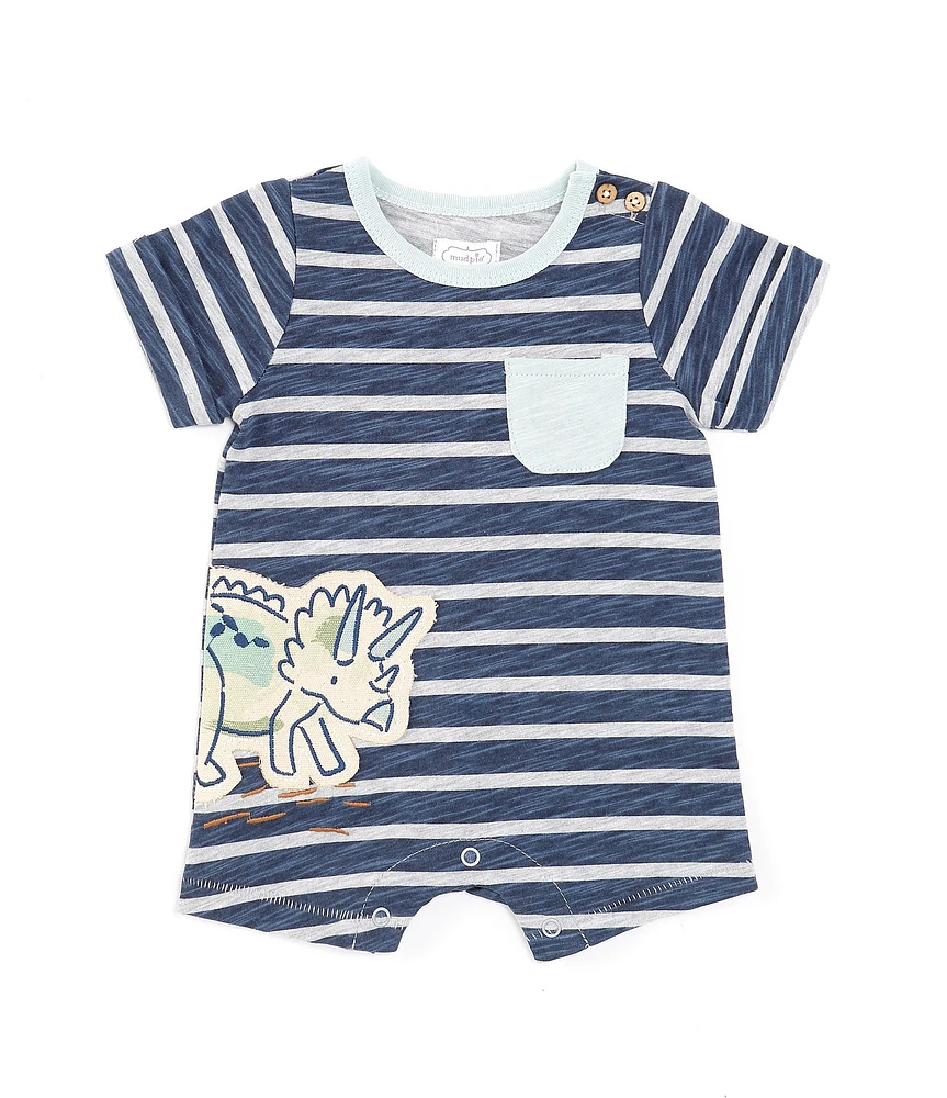 Mud Pie Baby Boys 3-12 Months Short Sleeve Dinosaur-Appliqued Striped Shortall