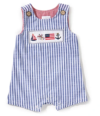 Mud Pie Baby Boys 3-18 Months Sleeveless Vertical-Striped Americana/Nautical Embroidered-Smocking Shortall