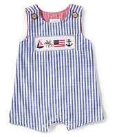 Mud Pie Baby Boys 3-18 Months Sleeveless Vertical-Striped Americana/Nautical Embroidered-Smocking Shortall