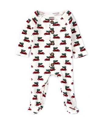 Mud Pie Baby Boys Newborn-9 Months Long Sleeve Christmas Car Printed Waffle-Weave Footed Coverall