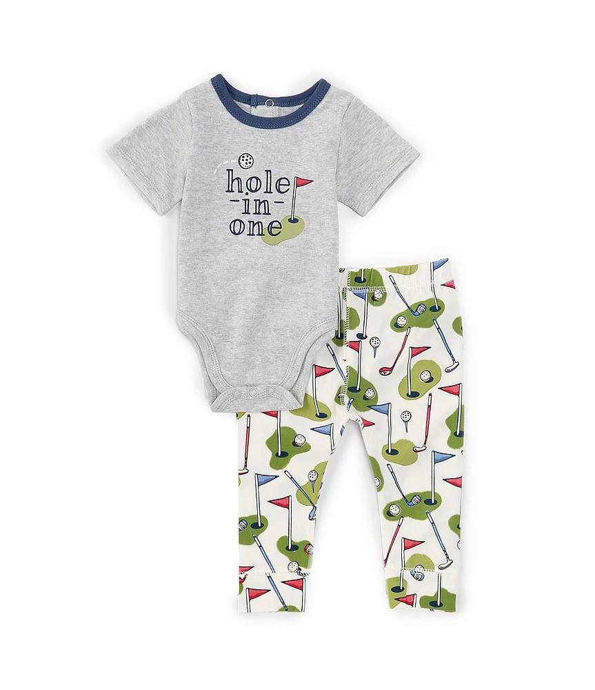 Mud Pie Baby Boys Newborn-9 Months Short-Sleeve Hole In One Bodysuit & Golf-Themed-Printed Pant Set