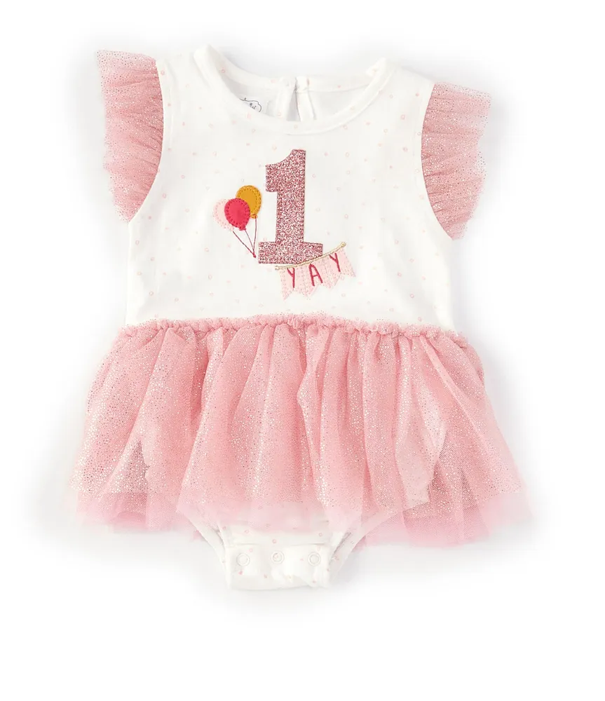 Mud Pie Baby Girls 12-18 Months Flutter-Sleeve Printed 1st Birthday Tutu Bodysuit