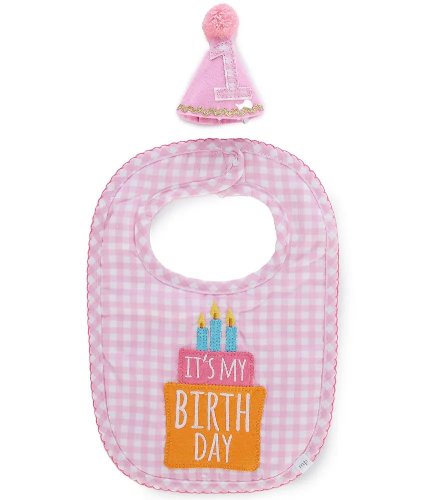 Mud Pie Baby Girls 1st Birthday Gingham Bib and Party Hat Set