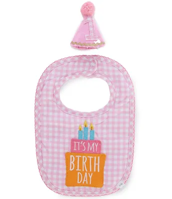Mud Pie Baby Girls 1st Birthday Gingham Bib and Party Hat Set