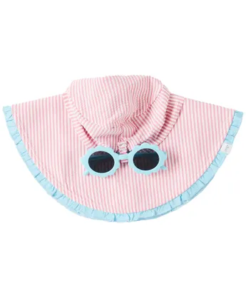 Mud Pie Baby Girls 6-12 Months Striped Seersucker Bucket Hat & Coordinating Sunglasses Set