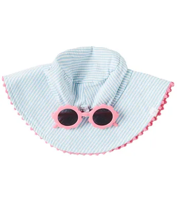 Mud Pie Baby Girls 6-12 Months Striped/Solid Seersucker Bucket Hat & Coordinating Sunglasses Set