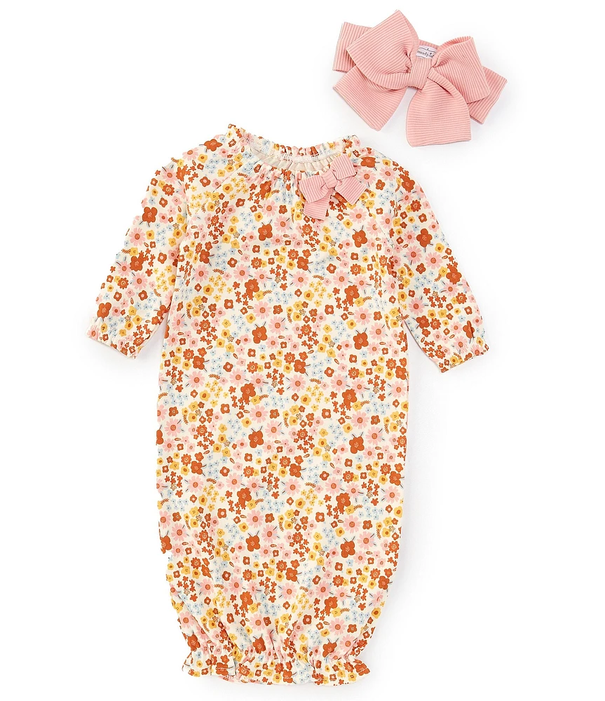 Mud Pie Baby Girls Newborn-3 Months Long Sleeve Floral-Print Interlock Gown