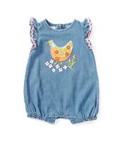 Mud Pie Baby Girls Newborn-9 Months Flutter-Sleeve Chicken-Appliqued Denim Romper